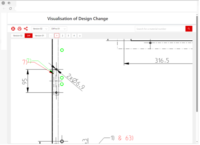 Differences between the new and old versions can be displayed in green/red. Switching between versions is straightforward.