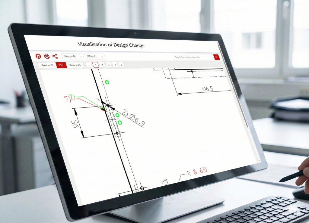 Unterschiede zwischen neuer und alter Verson lassen sich grün/rot darstellen. Zwischen den Versionen kann einfach umgeschaltet werden.