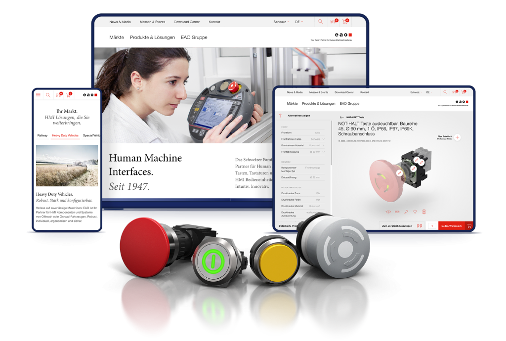 Mit der Einbettung des 3D-Produktkonfigurators in die neugestaltete EAO-Webpräsenz setzte Intelliact zugleich eine Reihe von Verbesserungen um. Diese Massnahmen stellen kontinuierlich sowohl die Aktualität als auch die hohe Qualität der Datenbestände sicher. Das Corporate Design von Eyekon sorgt für einen hochwertigen Auftritt. Bild: © Eyekon AG