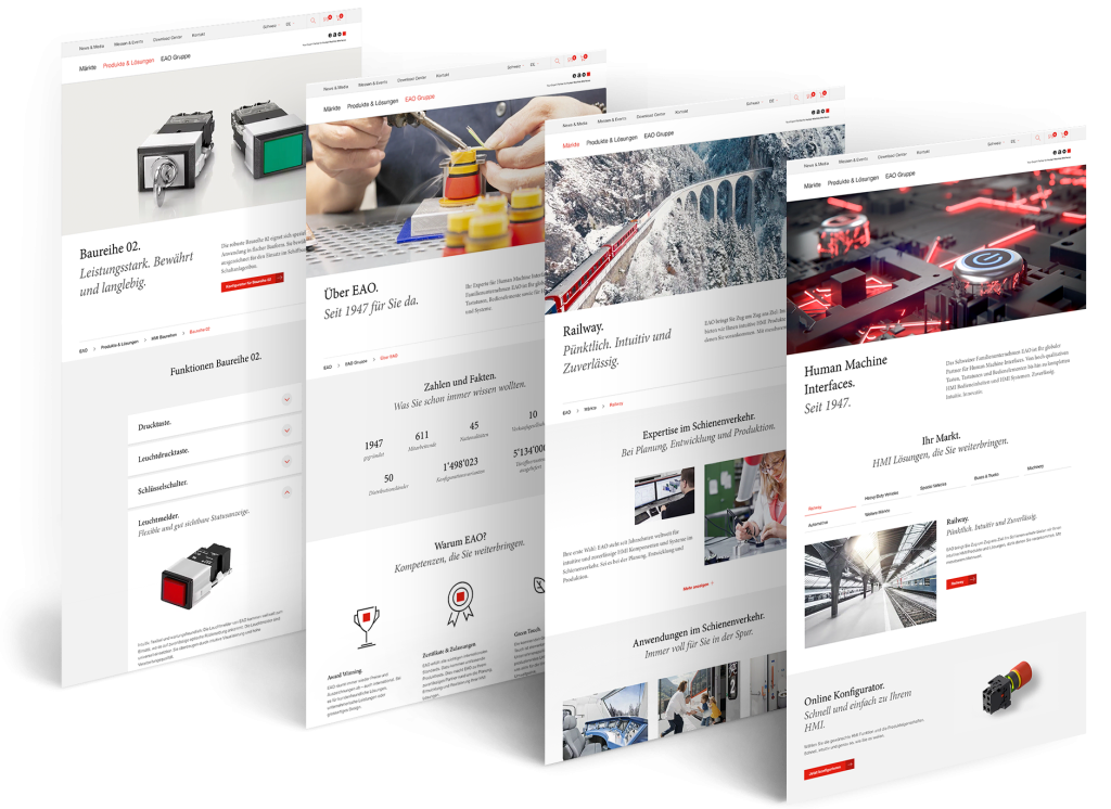The seamless link between the corporate website and the configurator is particularly evident when searching. In addition to content pages with texts, images and videos on the topic, the results also include specific products that can be configured directly online. Up to 1 million product variants can be generated here for all important HMI functions. Picture: © Eyekon AG