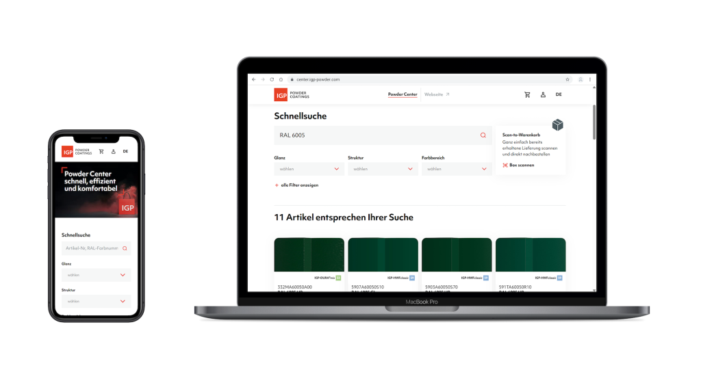 IGP Powder Center: Über die neue Online-Plattform läuft der gesamte Bemusterungs- und Bestellprozess digital ab.